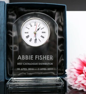 CLOCK TROPHY GIFT AWARDS EXECUTIVE 10MM GLASS PERSONALISED ENGRAVED IN GIFT BOX - Picture 1 of 7