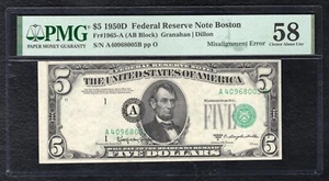 FR. 1965-A 1950-D $5 FRN “MISALIGNMENT ERROR” PMG ABOUT UNCIRCULATED-58 - Picture 1 of 2