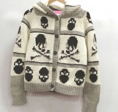 Mastermind Japón Calavera Cowichan Tejido Sudadera con Capucha Blanco x Marrón Cachemira Longitud 56 cm Foto 1 de 4