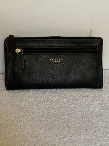 New! Black Leather Radley London Fold Wallet zipper pocket with button closure - Picture 1 of 4