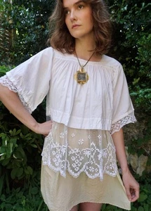 Antique Victorian Rare French Broderie Anglaise cotton lace Surplice Smock S M - Picture 1 of 12