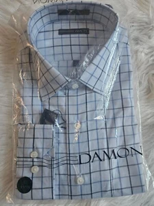 SIZE 17 32/33 DAMON (NEW) Blue & White Checked Long Sleeve Dress Shirt Lot 53 - Picture 1 of 2