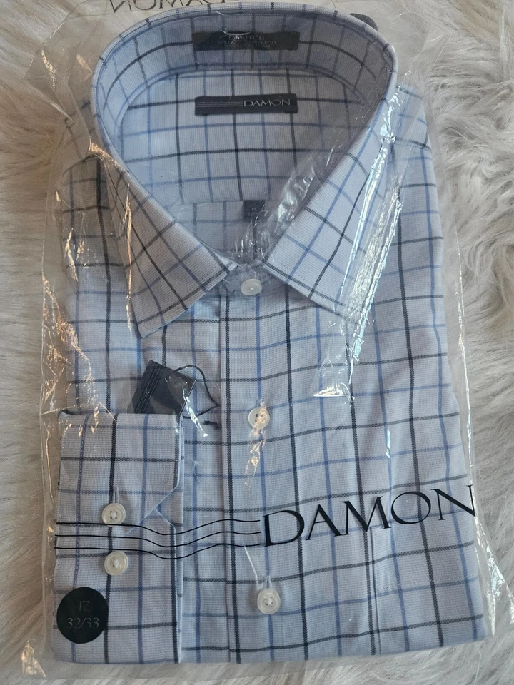 TALLA 17 32/33 DAMON (NUEVO) Camisa de Vestir Manga Larga a Cuadros Azul y Blanco Lote 53 Foto 1 de 2