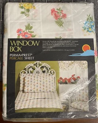 VTG Sears Window Box Full Floral Perma Prest  FLAT Sheet 54” X 75”. - Image 1 of 4