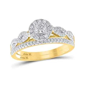 14k Yellow Gold Round Diamond Solitare Halo Bridal Wedding Ring Band Set 1/2Cttw - Picture 1 of 2