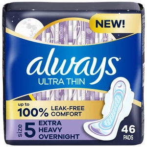 Ultra Thin Overnight Pads with Wings, Size 5, Extra Heavy Overnight Absorbency - Picture 1 of 10