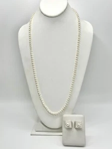 Lee Sands Necklace Earrings Set White Pearl Gold-Tone Single Strand FREE Ship - Picture 1 of 7
