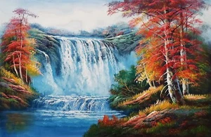 Wasserfall Landschaft, #3EWF-1, 24x36 - 100% handgemaltes Ölgemälde auf Leinwand, - Bild 1 von 6