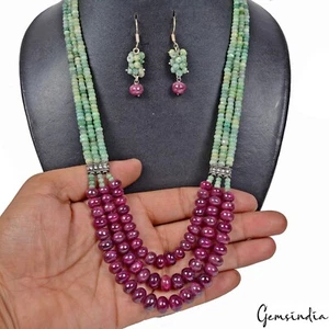 22,5" lange natürliche rote Rubin grüne Smaragd Perlen handgefertigte Halskette/Ohrringe Set - Bild 1 von 9