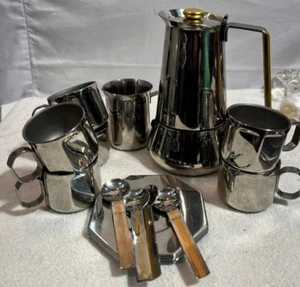 Zepter Italy Stainless steel Coffeemaker Creamer 6 Espresso Cups Saucers Spoons - Picture 1 of 11