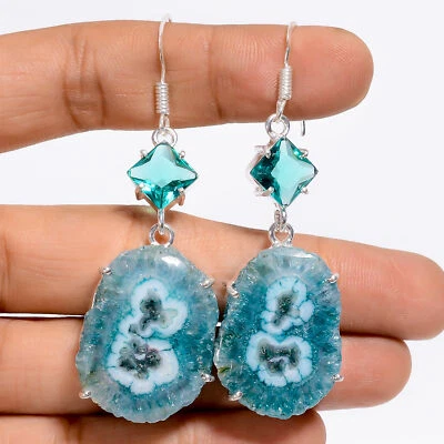 Solar Quartz Blue Topaz Gemstone 925 Silver Handmade Earrings 2.4" ARE-5163 - Image 1 of 3