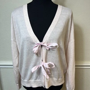 J Crew Womens Cardigan Sweater Large Pink Bow Front Casual Knit Preppy Wool Soft - Picture 1 of 8