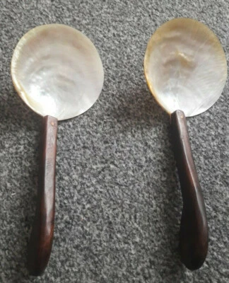 2 große Löffel Perlmutt mit Holzgriff Durchmesser 8,5cm  RARITÄT - Bild 1 von 3