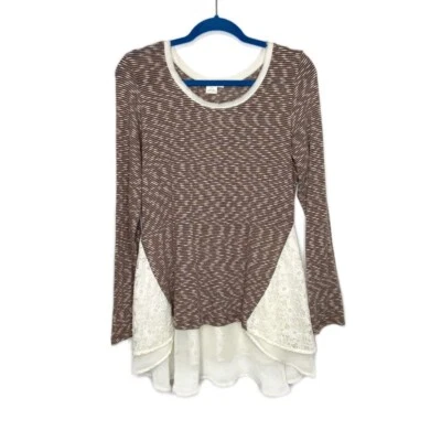Clu + Willoughby Kittery High Low Lace Hem Knit Blouse Tan Medium Mixed Media - Image 1 of 4