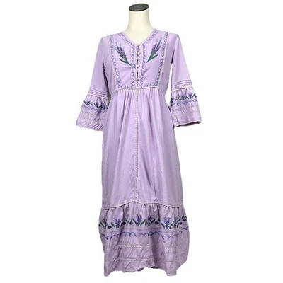 Maxi Vestido Boutique Cottagecore Manga Larga Mezcla de Lino Lavanda Bordado S Foto 1 de 4