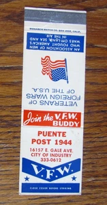 FRATERNAL V.F.W. POST 1944 MATCHBOOK COVER: CITY OF INDUSTRY, CA MATCHCOVER -A9 - Picture 1 of 2