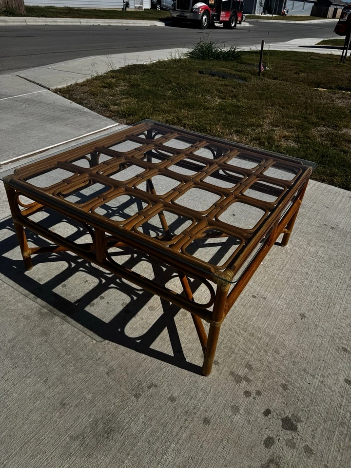 Vintage Rattan Bent Bamboo Square Coffee Table Glass Top - Image 1 of 4