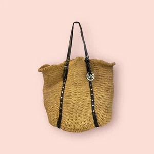 MICHAEL KORS Straw Tote Bag Shopper Black Studded Shoulder Straps Large - Picture 1 of 14