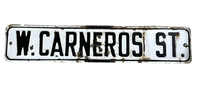 Letrero de calle de porcelana vintage West Carneros Street California blanco negro 30x6" Foto 1 de 4