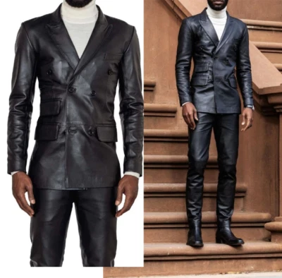 Hermosos Esmoquin de Cuero Negro para Boda Doble Pecho Pico Solapa Fiesta Baile de graduación Ajuste Foto 1 de 4