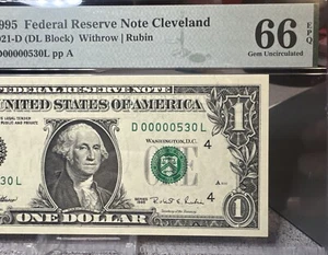 🤯 1995 $1 Federal Reserve Note - PMG 67 EPQ - Low Serial Number 00000530 - Picture 1 of 7