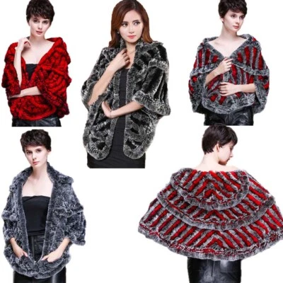 Winter Fur Shawl Wraps Women Real Rex Rabbit Cape Coat Hollow out woven pattern - Image 1 of 4