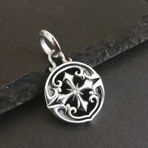 Shiny 925 Sterling Silver Ornate Scroll Cross Round Pendant with Clear CZ Unique - Picture 1 of 6