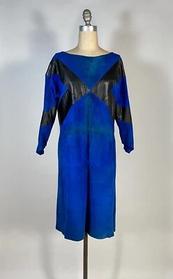 Vintage 1980's soft, supple BLUE SUEDE & black leather sections dress Glam Rock - Image 1 of 4