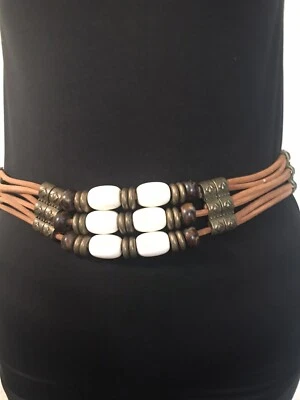 Vtg Ladies Brown Suede Cord Belt Metal Detail Ivory  Beads Throwback Boho Chic - Image 1 of 4