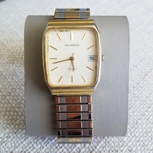 Reloj de cuarzo Helbros vintage para hombre tono dorado plata dos tonos fecha correa elástica - Imagen 1 de 9