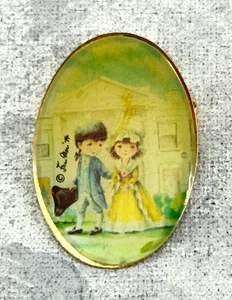 Broche Ovalado Fran Mor Moppets Años 70 Tono Dorado Con Dos Niños Coloniales De Colección - Imagen 1 de 7