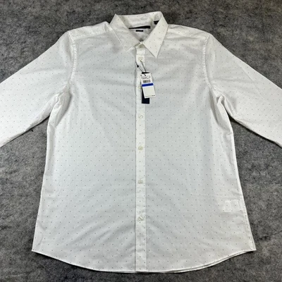 Camisa de vestir Perry Ellis para hombre XL azul y blanco lunares manga larga Oeko Tek Foto 1 de 4