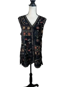 Vintage bestickte schwarze Samt Blumen ärmellose Tunika Weste mit Knopfleiste - Bild 1 von 9
