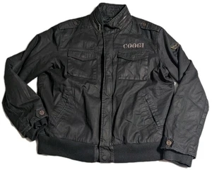 Coogi Men’s XL Waxed Cotton Moto Bomber Jacket Black Logo Epaulet Zip Coat - Picture 1 of 10