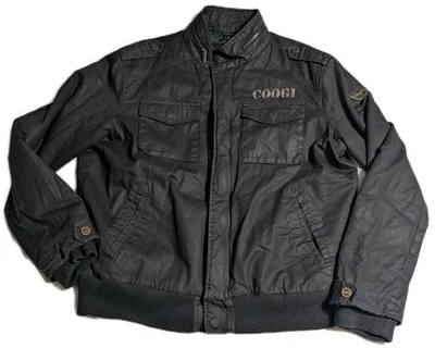 Coogi Men’s XL Waxed Cotton Moto Bomber Jacket Black Logo Epaulet Zip Coat - Image 1 of 4