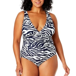 Anne Cole Plus Size Zebra-Print One-Piece Swimsuit In Navy White - Picture 1 of 8