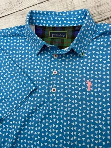 William Murray Polo Shirt Small Mens Blue Shark Tooth Performance Golf AOP - Picture 1 of 4