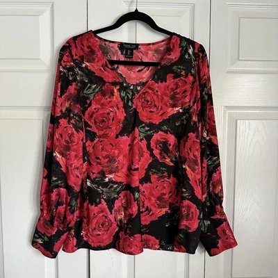 Blusa Rachel Zoe Mujer L Roja Rosa Floral Jacquard Manga Larga Top Romántico Foto 1 de 4