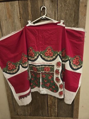 Cotton Cut  Sew Fabric Christmas Holiday Mantel Scarf Red Green Scallop Stocking - Image 1 of 4