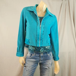Giacca blazer Nancy Bolen City ragazza verde acqua colletto lungo slv zip Petite 2 2P - Foto 1 di 6