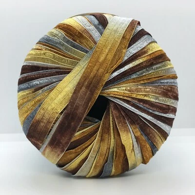 Memento - Berlini Ribbon Yarn #123 Brass - Brown Grey Gold Silver 88yds 3/8"wd - Image 1 of 4