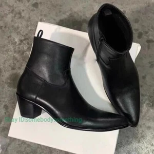 Mens New Pointed Toe Boots Cuban Heels Genuine Leather Ankle Boots Shoes - Picture 1 of 19