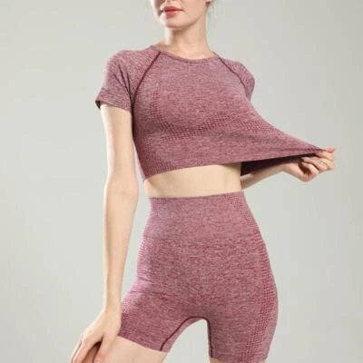 Mujeres Fitness Moda Punto Crop Top Gimnasio Ajustado Camiseta Entrenamiento Prendas para el torso Deportes Yoga Foto 1 de 4