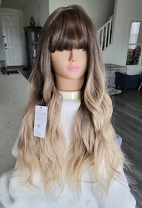 Champagner BLOND auf KASNUSSBRAUN OMBRE mit PONY, Mittelteil, WÄRME... - Bild 1 von 10