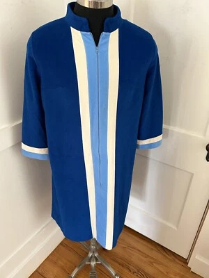 Vtg 70s Vanity Fair Sz 18 Blue White Color-block Velour Midi Robe Housecoat Zip - Image 1 of 4