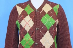 vintage 50s ARGYLE GREEN BROWN WOOL KNIT CARDIGAN SWEATER WOMEN'S SMALL S - Picture 1 of 5