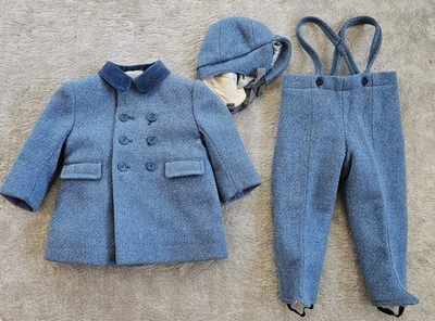 Calça casaco infantil de lã azul vintage boné carrinho Lord & Taylor Inglaterra 24" peito 4 5 - Imagem 1 de 4