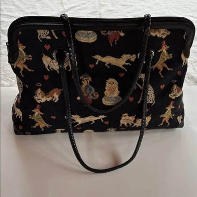 Bolso para mujer vintage Brighton tapiz negro estampado de perro. Cuenta con corazones de plata Foto 1 de 4