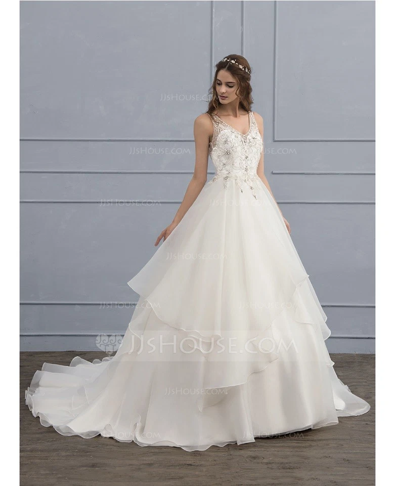 Abito da ballo scollo a V corte treno organza abito da sposa con paillettes... - Immagine 1 di 4