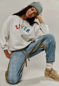 Free People Embroidered Lover Sweatshirt XS Gray Puff Sleeve Cropped Pullover - Picture 1 of 10